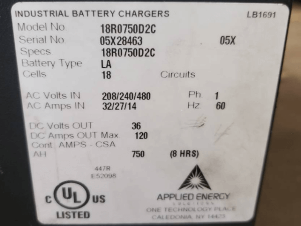 Single Phased Forklift Battery Charger Workhorse series 2 18R0750D2C - Image 3