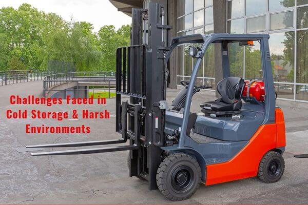 A forklift parked in front of a building, highlighting its role in cold storage logistics and operational challenges.