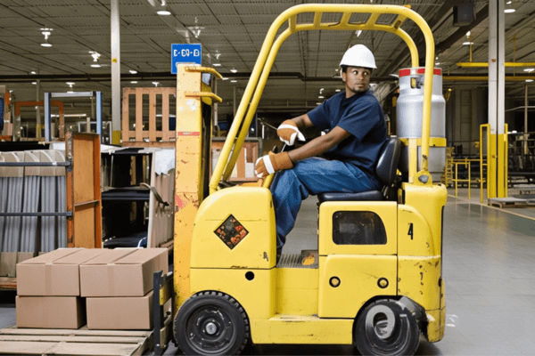 A man in a hard hat and safety vest operates a forklift, emphasizing safe load handling and stability practices.