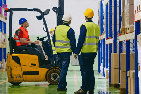 Three workers in safety vests and hard hats stand in a warehouse, emphasizing the importance of proper forklift operator training.