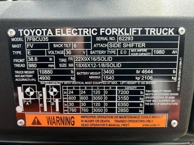 2021 Toyota 7FBCU35 - 4 Wheel Electric Forklift - Image 6
